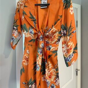 L'ATISTE Vibrant Orange and Green Long Sleeve Jumpsuit